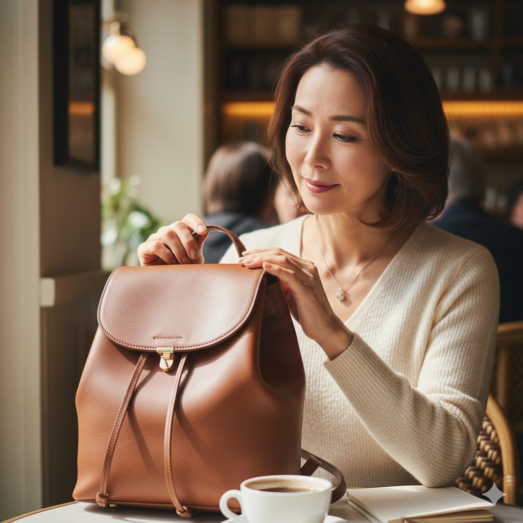 上質なレザーリュックを手に持ち、素材の質感を確かめている50代の日本人女性