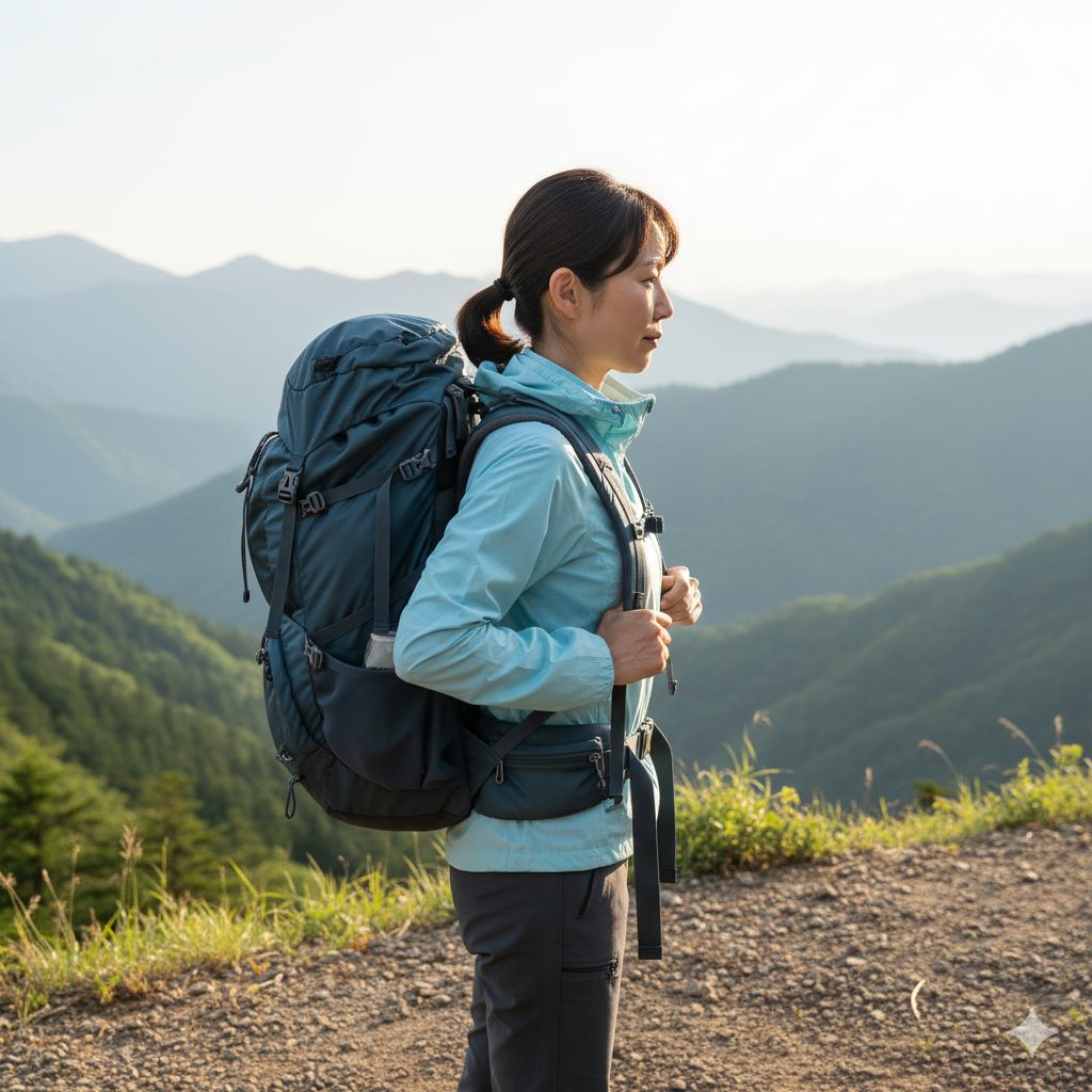 リュックのストラップを調整し、背中に正しくフィットさせている様子を横から見た50代女性