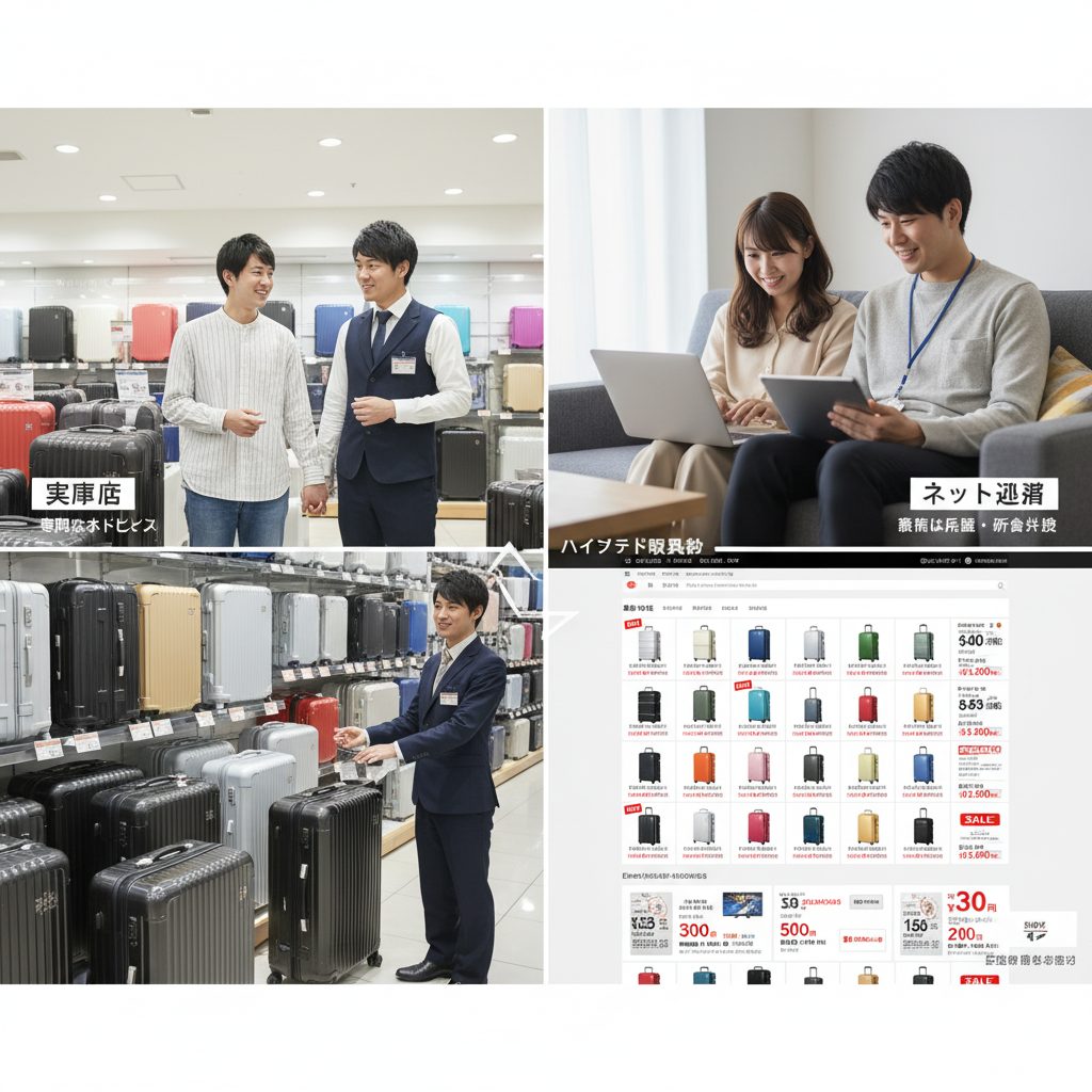 実店舗とネット通販でのスーツケース購入を比較するコラージュ画像。上段左は店員と話す客、上段右はタブレットで通販サイトを見るカップル、下段左は実店舗でスーツケースを案内する店員、下段右はスーツケースが並ぶ通販サイトのスクリーンショット。
