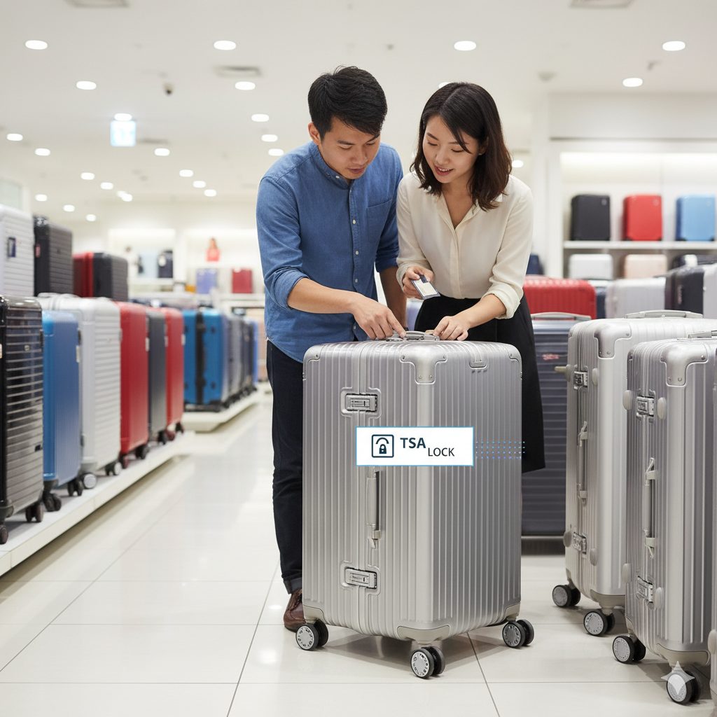 スーツケース売り場で、アジア人カップルがシルバーのスーツケースのTSAロック部分を確認している。TSA LOCKという文字が画像に重ねて表示され、海外旅行におけるセキュリティの重要性を強調。