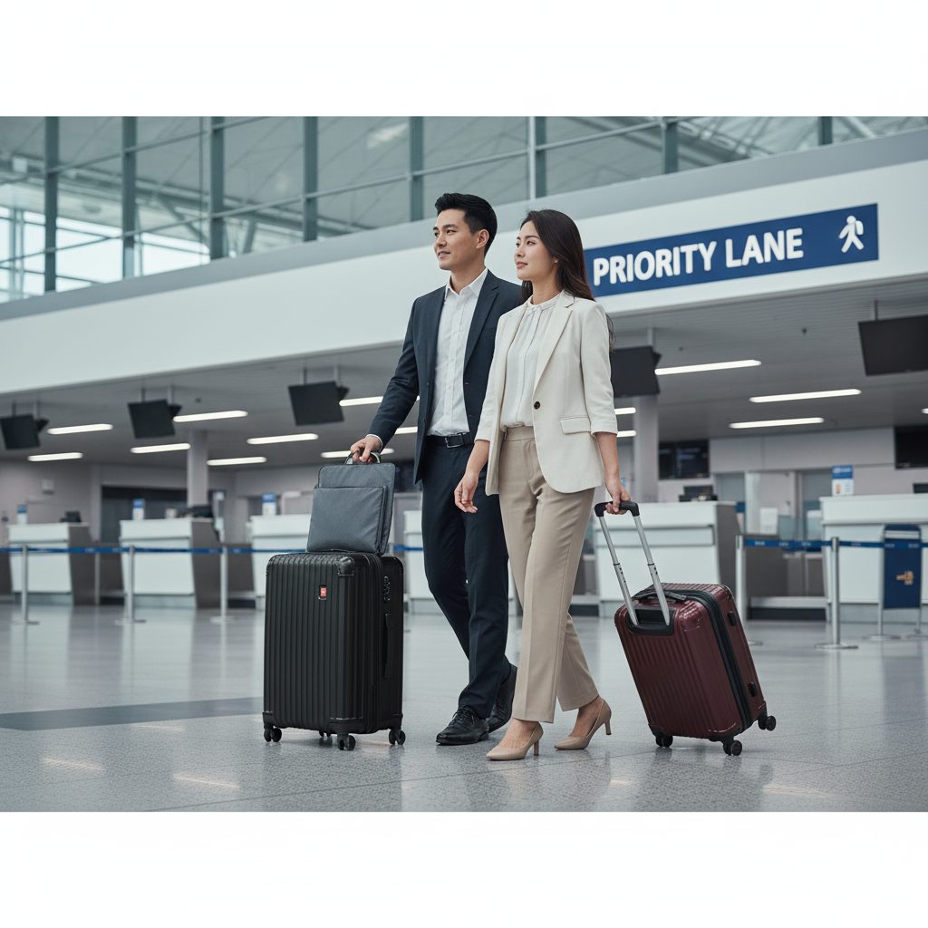 空港のカウンター前を歩くアジア人ビジネスパーソンの男女。それぞれ機内持ち込みサイズのスーツケースを引いており、スムーズな移動を連想させる。
