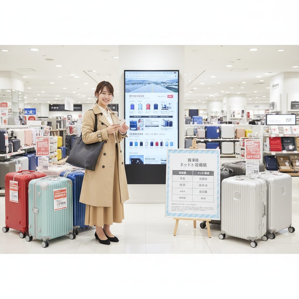  スーツケース売り場で、スマートフォンを片手に最適なスーツケースを見つけて笑顔で立つ日本人女性。後ろには大型ディスプレイと購入経路を比較する看板がある