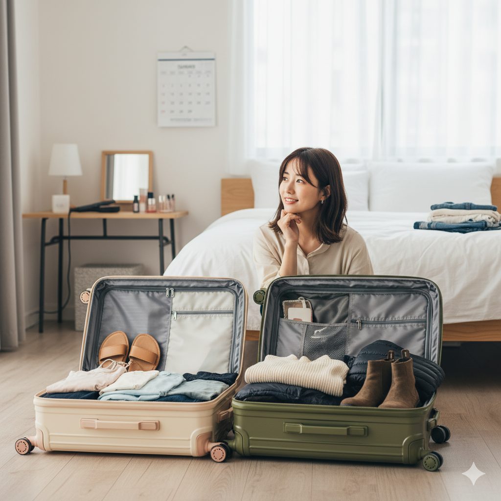 ベッドルームで、夏物と冬物の服が入った2つの開いたスーツケースを見比べながら、旅行の計画を立てている日本人女性。