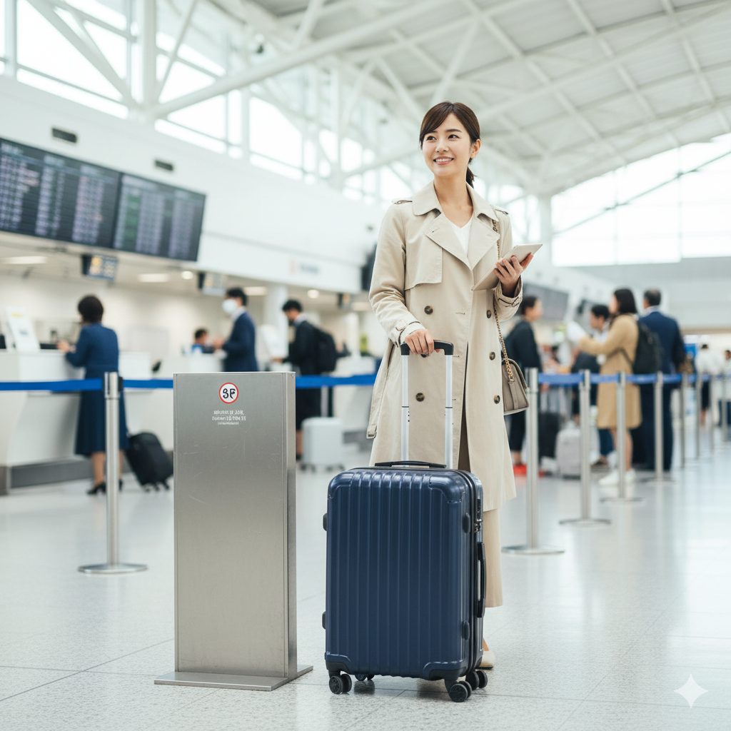 空港のチェックインカウンター近くで、機内持ち込みサイズのスーツケースを横に立っている、スタイリッシュなコートを着た日本人女性。