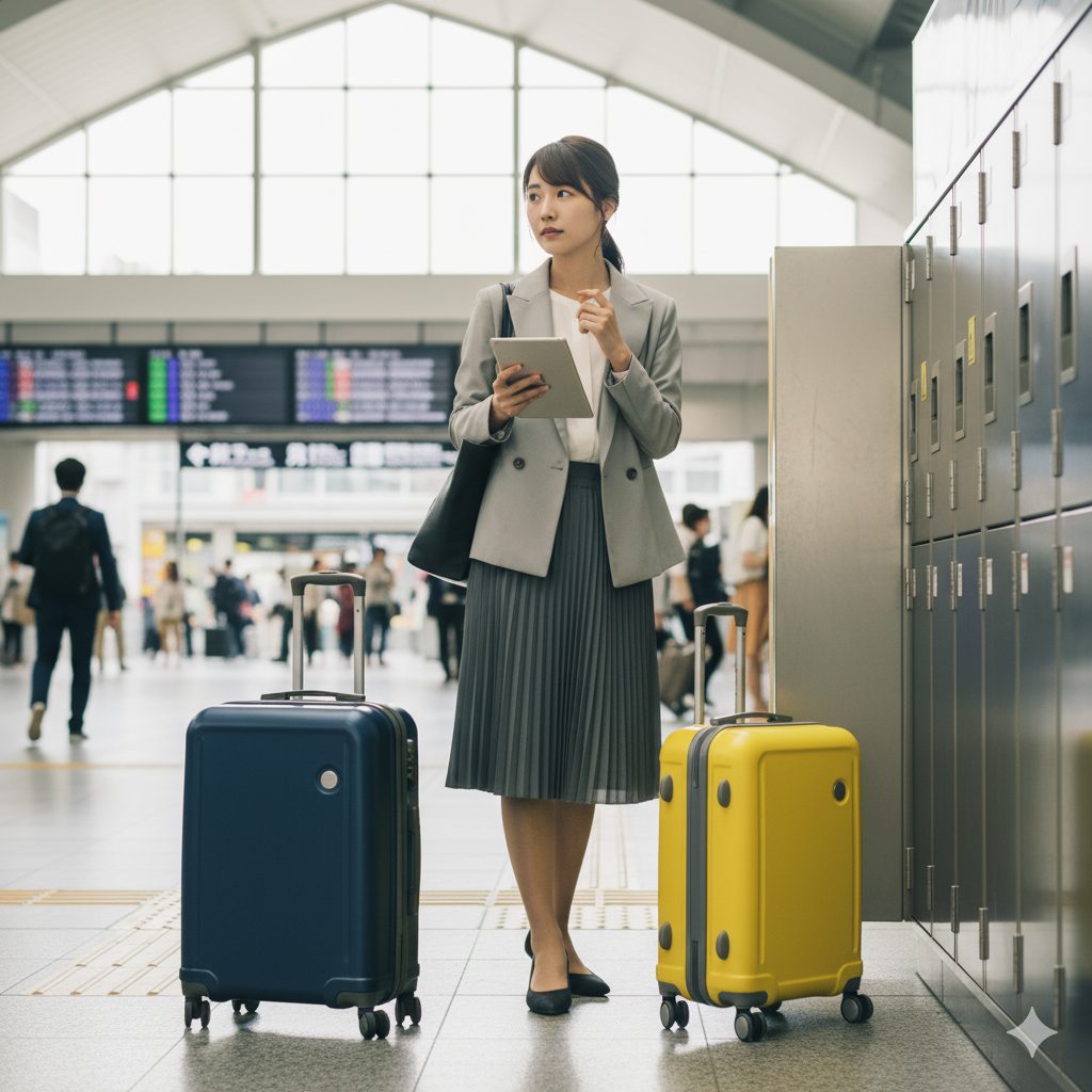駅のロッカー前で、SサイズとMサイズのスーツケースを比較検討している日本人ビジネスウーマン。