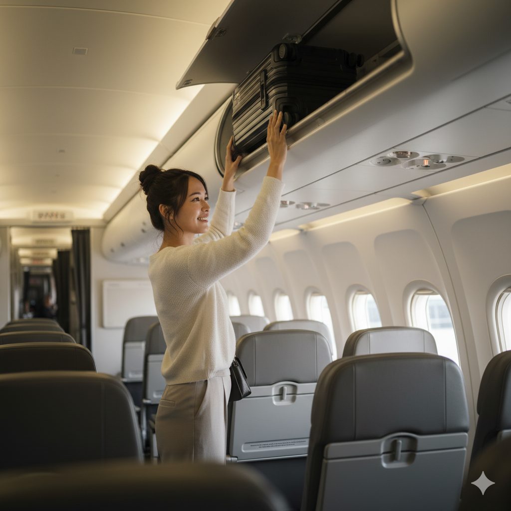 飛行機内で笑顔の日本人女性が機内持ち込みサイズのスーツケースを頭上の収納棚に入れている様子。