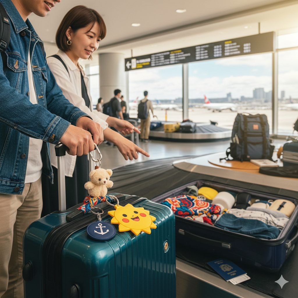 空港のターンテーブルで、キーホルダーを目印にしたスーツケースを探している様子。