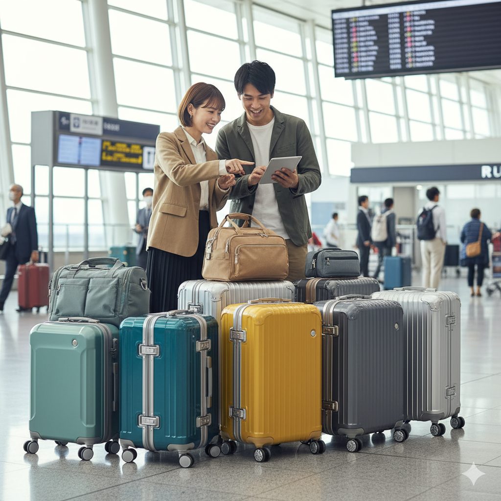空港の出発ロビーで、様々な色やサイズのキャリーケースの山を背景に、タブレットを見ながら旅の計画を立てる楽しそうな日本人カップル。