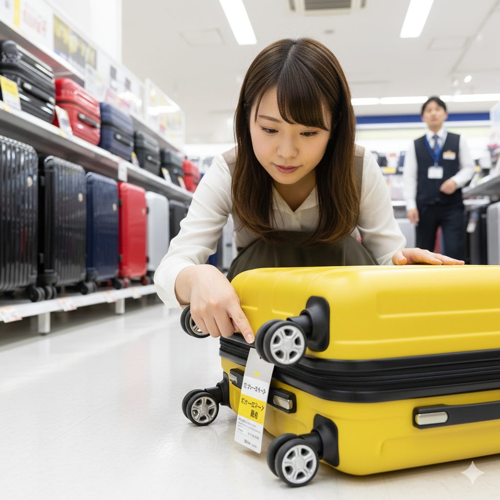 家電量販店のスーツケース売り場で、黄色のキャリーケースのキャスター部分を熱心に確認している若い日本人女性