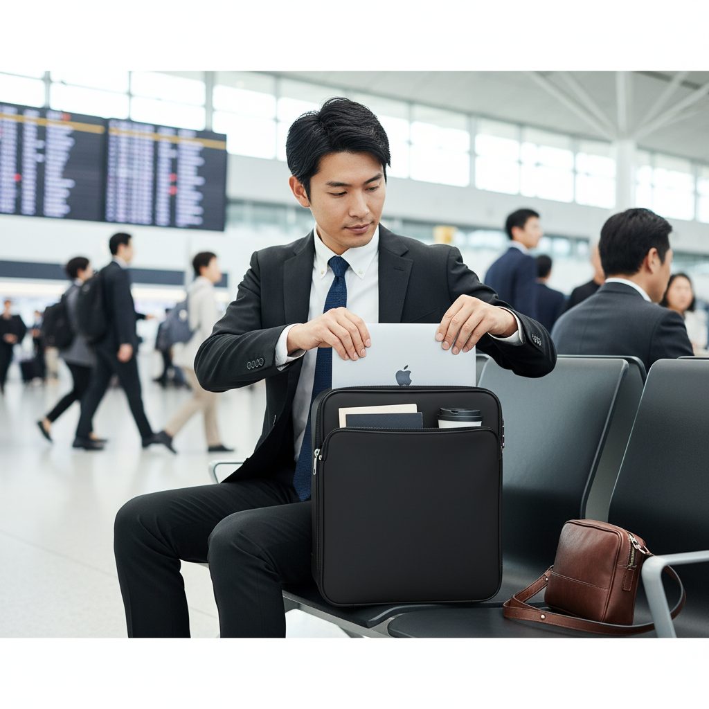 空港の待合席で、機内持ち込みサイズのフロントオープン型キャリーケースからノートパソコンをスムーズに取り出す若い日本人ビジネスマン