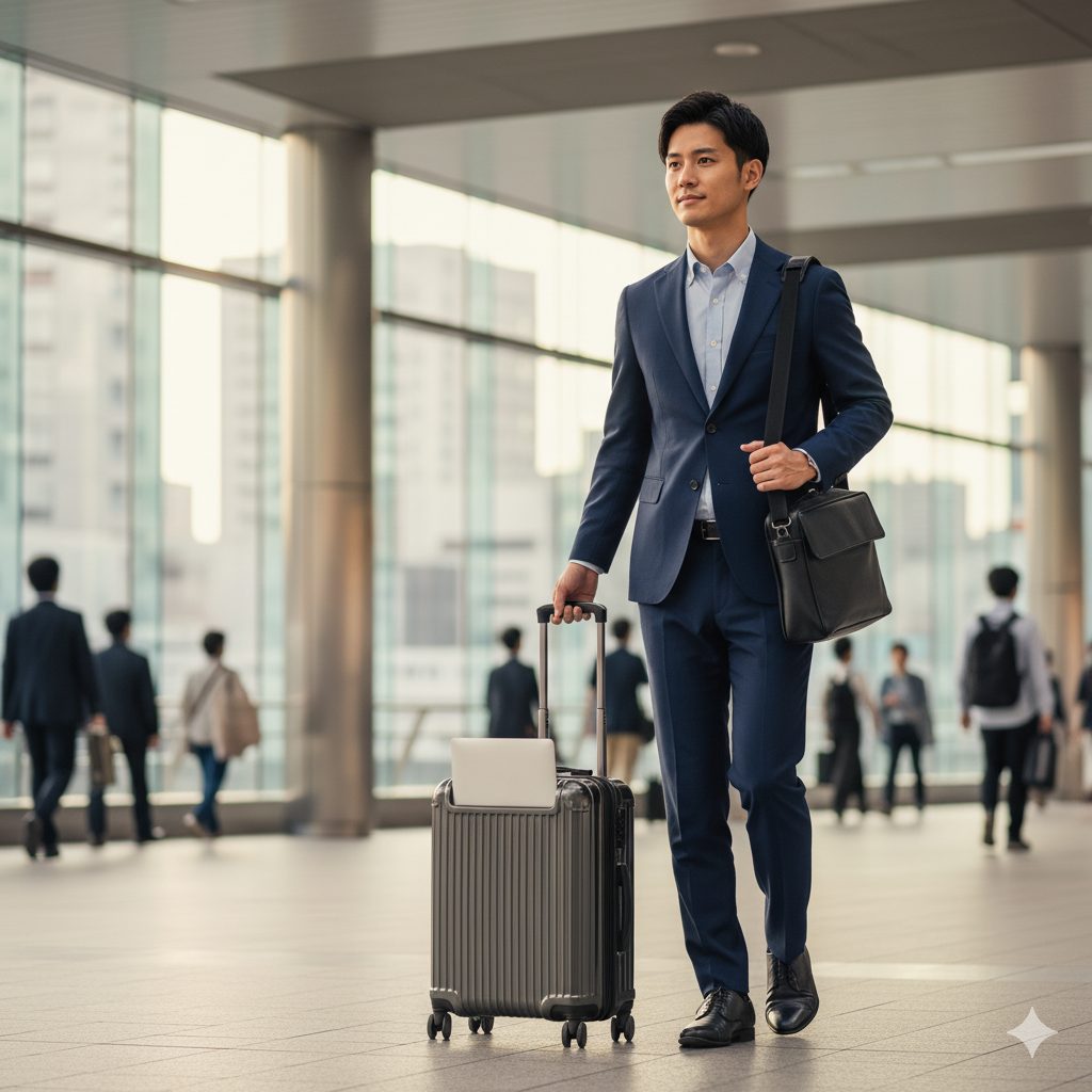 ダンな通路で、スーツ姿の若い日本人ビジネスマンが、キャリーケースを引いて颯爽と歩いている。キャリーケースのフロントポケットからはノートパソコンが少し見えている