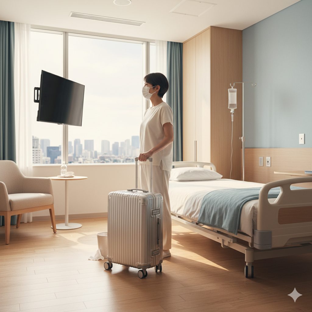 マスクを着用した日本人の女性が、キャリーケースと共に広々とした病院の個室に立ち、窓の外を眺めている。部屋にはベッド、テレビ、椅子があり、清潔感がある。