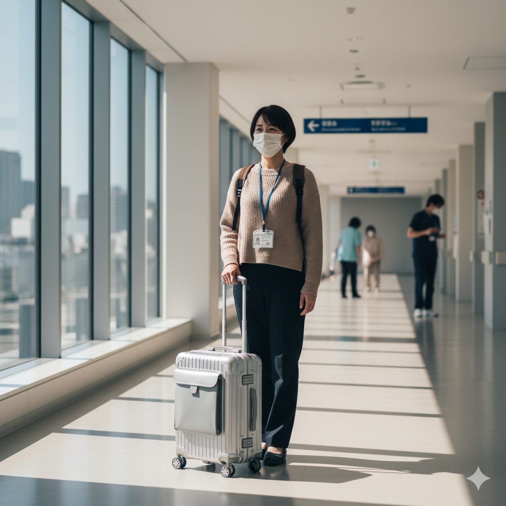 マスクを着用した日本人の若い女性が、病院の明るい廊下で機内持ち込みサイズのキャリーケースのハンドルを持ち、カメラに向かって微笑んでいる。