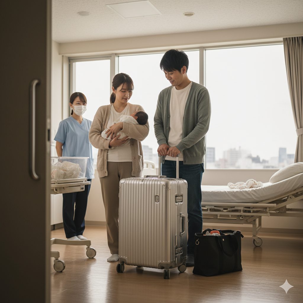  病院の個室で、生まれたばかりの赤ちゃんを抱っこした日本人の母親と、キャリーケースのハンドルを握る父親が、退院準備をしている。看護師がそばに立っている。