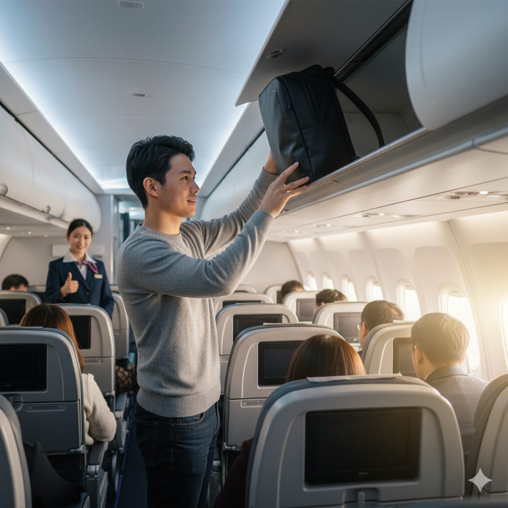 飛行機内で、笑顔の日本人男性がリュックを頭上の荷物入れに収納している。客室乗務員がサムズアップしている。