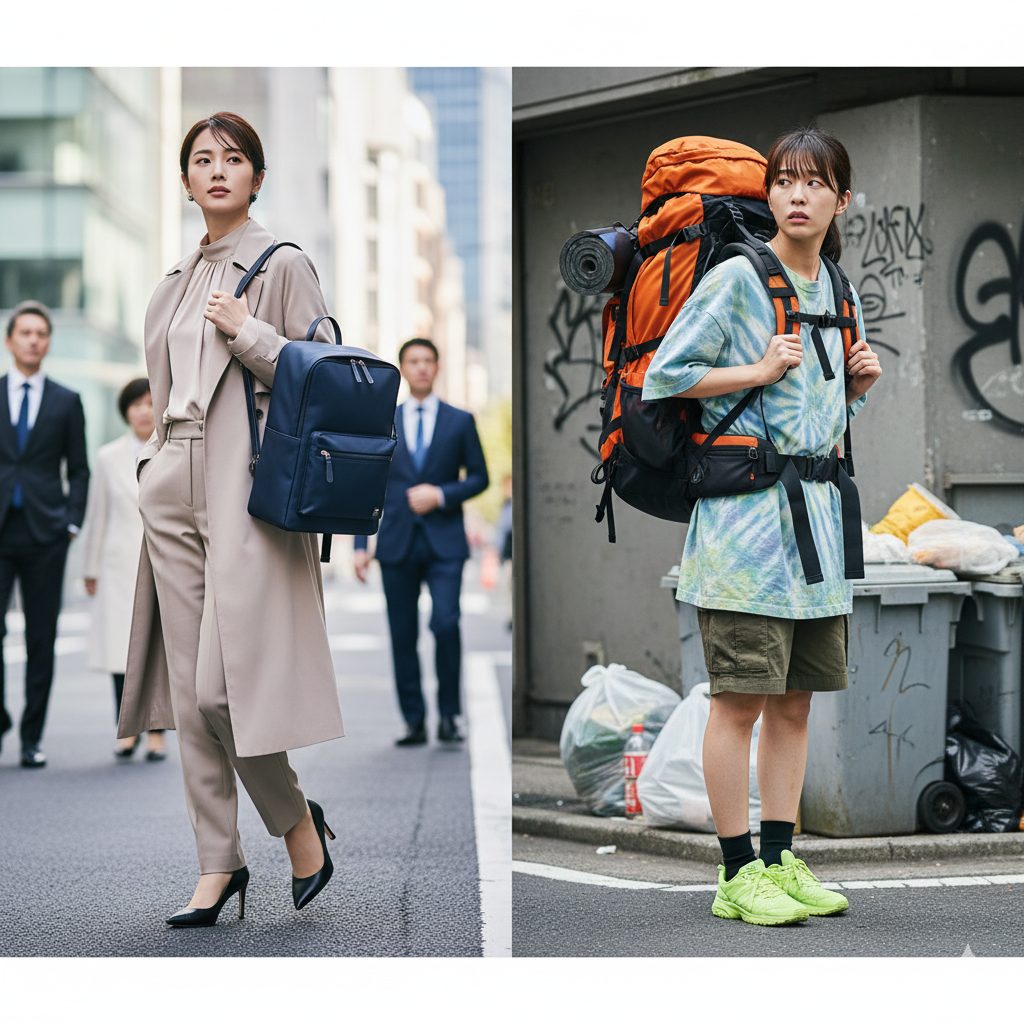 左右で異なるファッションスタイルの日本人がリュックを背負っている。左はビジネス街で上品なリュックを背負う女性、右はストリートで大型のアウトドアリュックを背負う女性。
