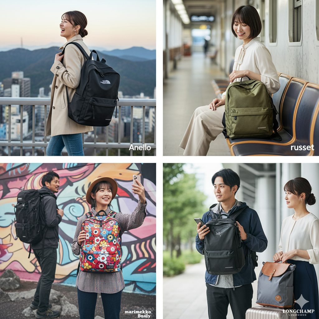  4つの異なる場面で、それぞれ異なる人気ブランドのリュックを身につけた日本人女性が写っている。