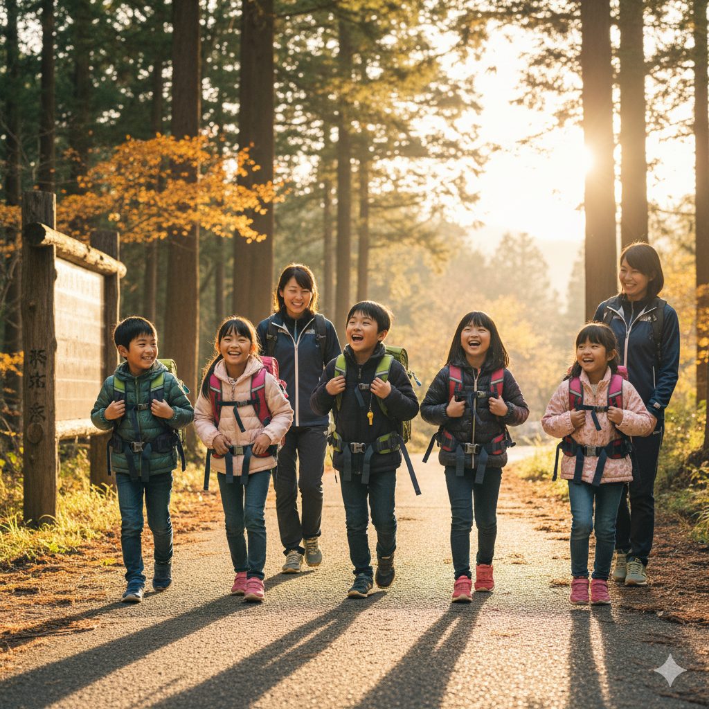 晩秋の森の中、修学旅行でリュックを背負った小学生のグループが、引率の先生たちと楽しそうに歩いている。