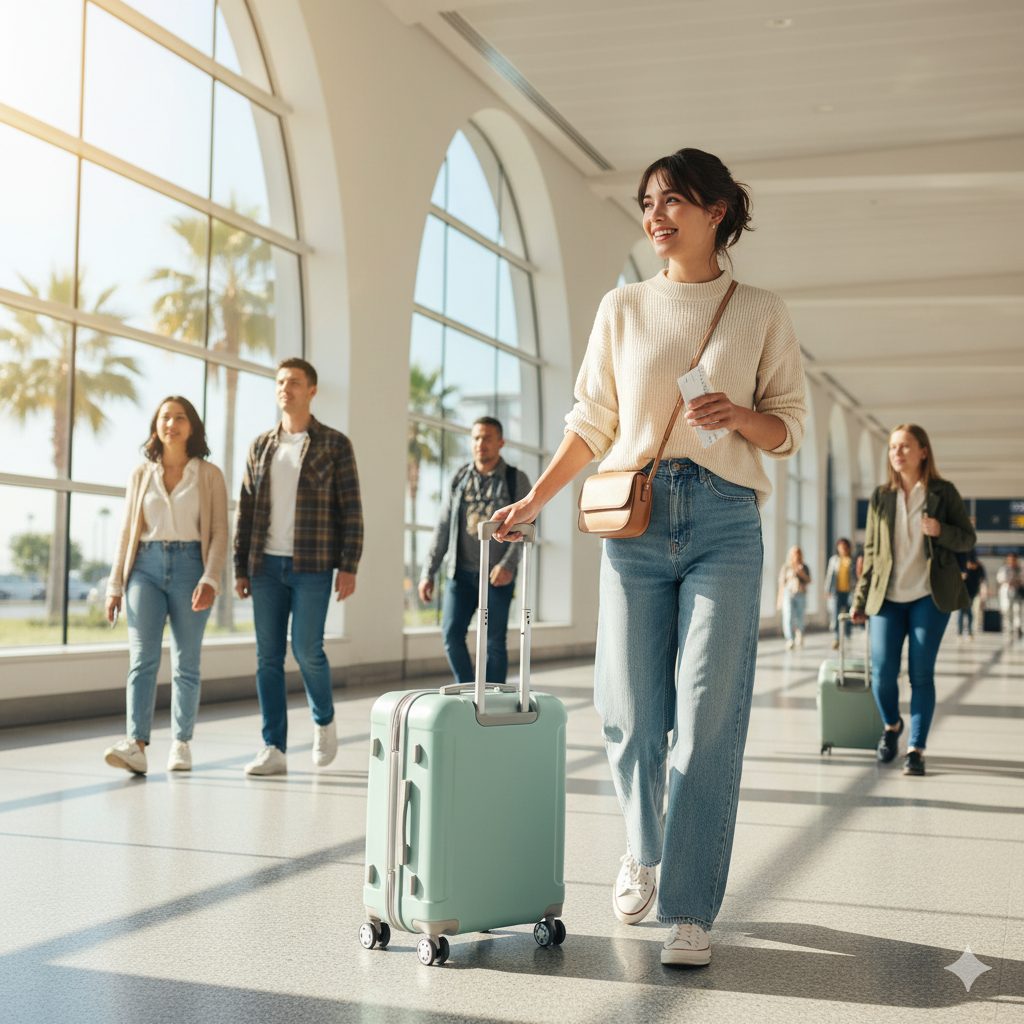 明るい空港のターミナルを、ミントグリーンのキャリーケースを引いて笑顔で歩く日本人女性。奥には他の旅行者も見える。