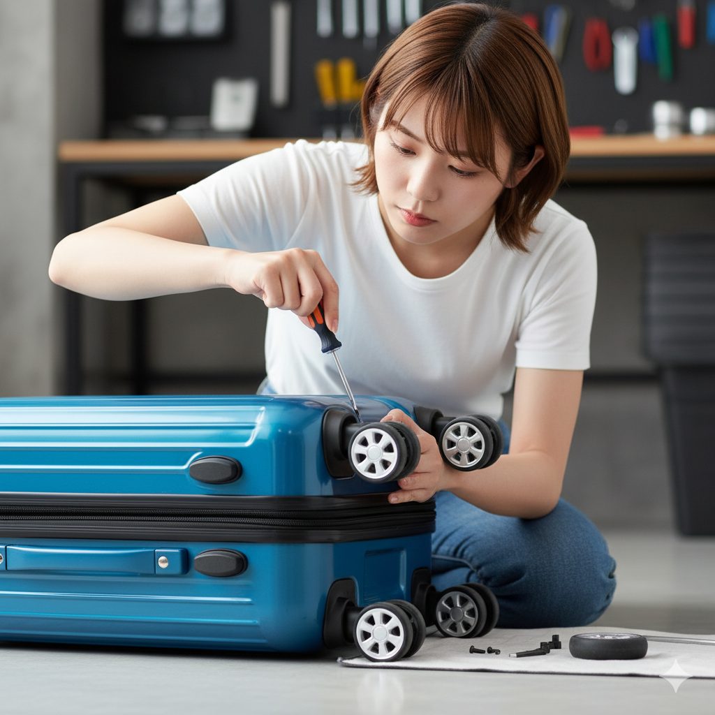 自宅でレジェンドウォーカーのスーツケースのキャスターを自分で交換している日本人女性。プラスドライバーを使って丁寧に作業しており、メンテナンスのしやすさを表現しています。