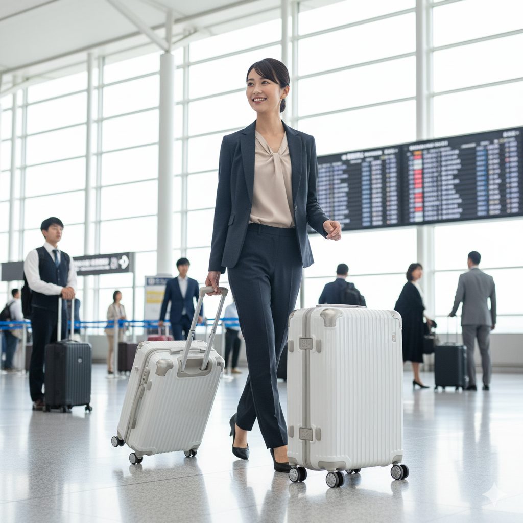 空港の出発ロビーを笑顔で歩く日本人女性ビジネスパーソン。彼女は機内持ち込みサイズの白いスーツケースと、一回り大きい白いスーツケースの2つを引いている。