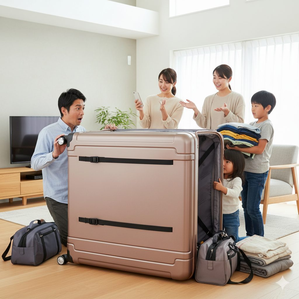リビングルームで、開かれたレジェンドウォーカー5509の特大サイズのスーツケースを前に驚く日本人家族。父親は懐中電灯を持ち、母親たちはスマホを見ながら話しており、子供たちはその様子を興味深げに見ている。