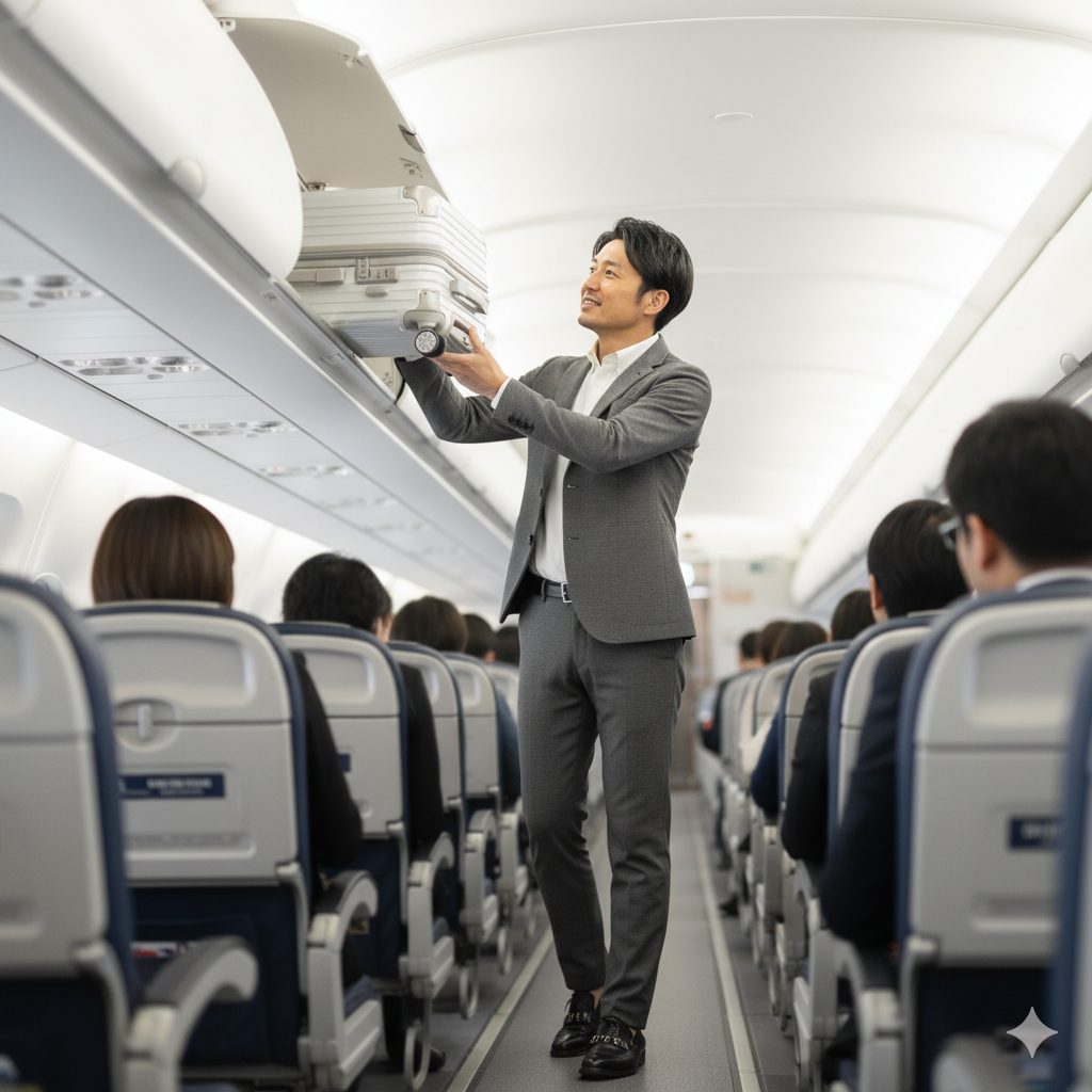 飛行機のエコノミークラスの機内で、笑顔の日本人男性が白いスーツケースを頭上の荷物入れに収めている。通路には他の乗客が座っており、機内持ち込みの利便性を示している。