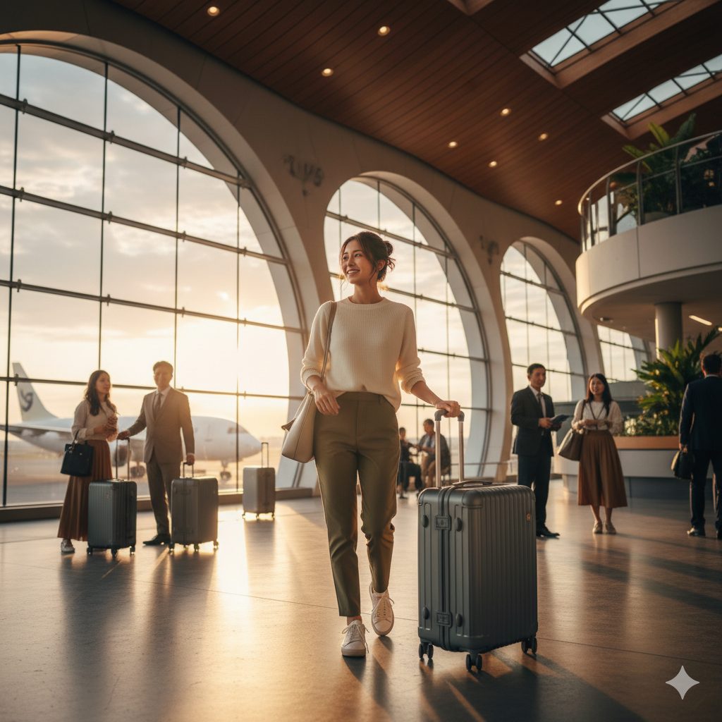 明るい空港ロビーを笑顔で歩く日本人女性。グレーのエース製キャリーバッグを引いており、窓の外には飛行機が見える。