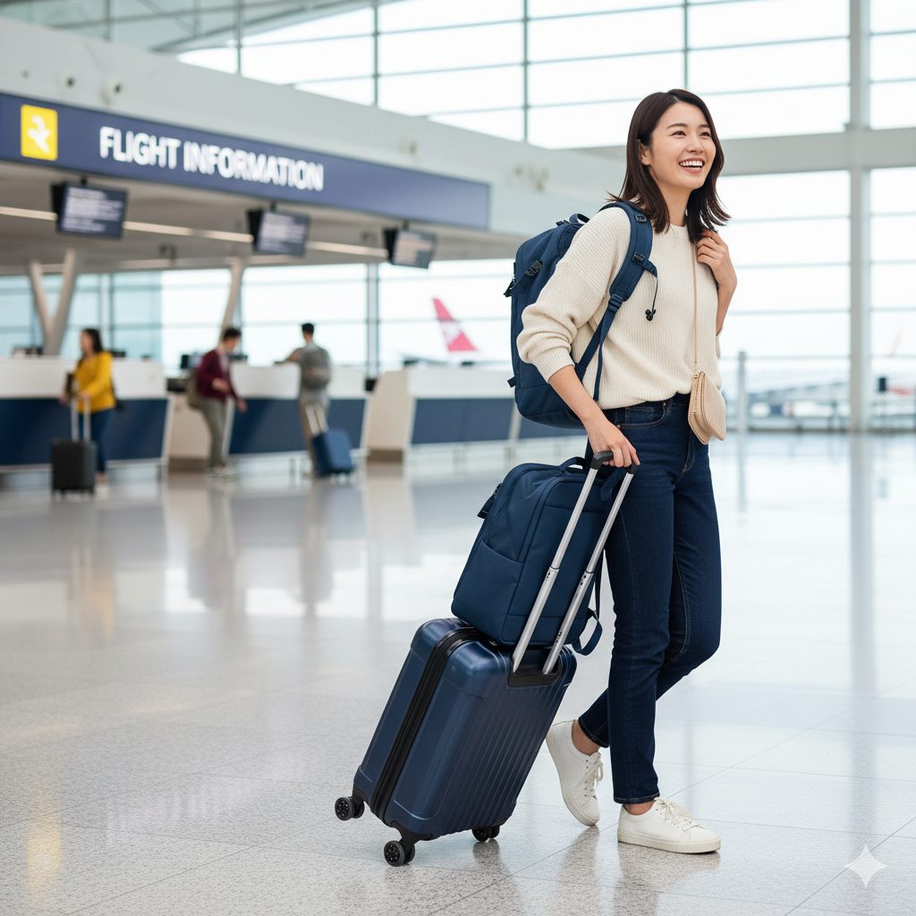 空港で笑顔で歩く若い日本人女性。片手でキャリーケースを引き、もう一方の肩にはバックパックを背負っている。彼女の後ろにはフライトインフォメーションのカウンターと他の旅行者が見える。