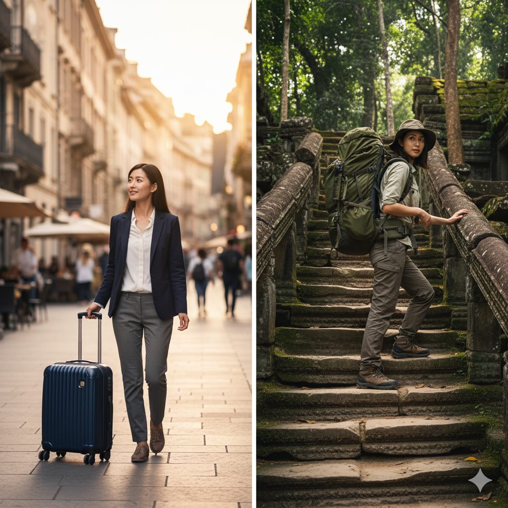 左右分割された画像で、異なる旅行スタイルを比較。左側には都市の舗装された通りをキャリーケースを引いて歩くスーツ姿の日本人女性、右側には緑豊かな古代遺跡の石段を大型バックパックを背負って登る日本人女性が写っている。