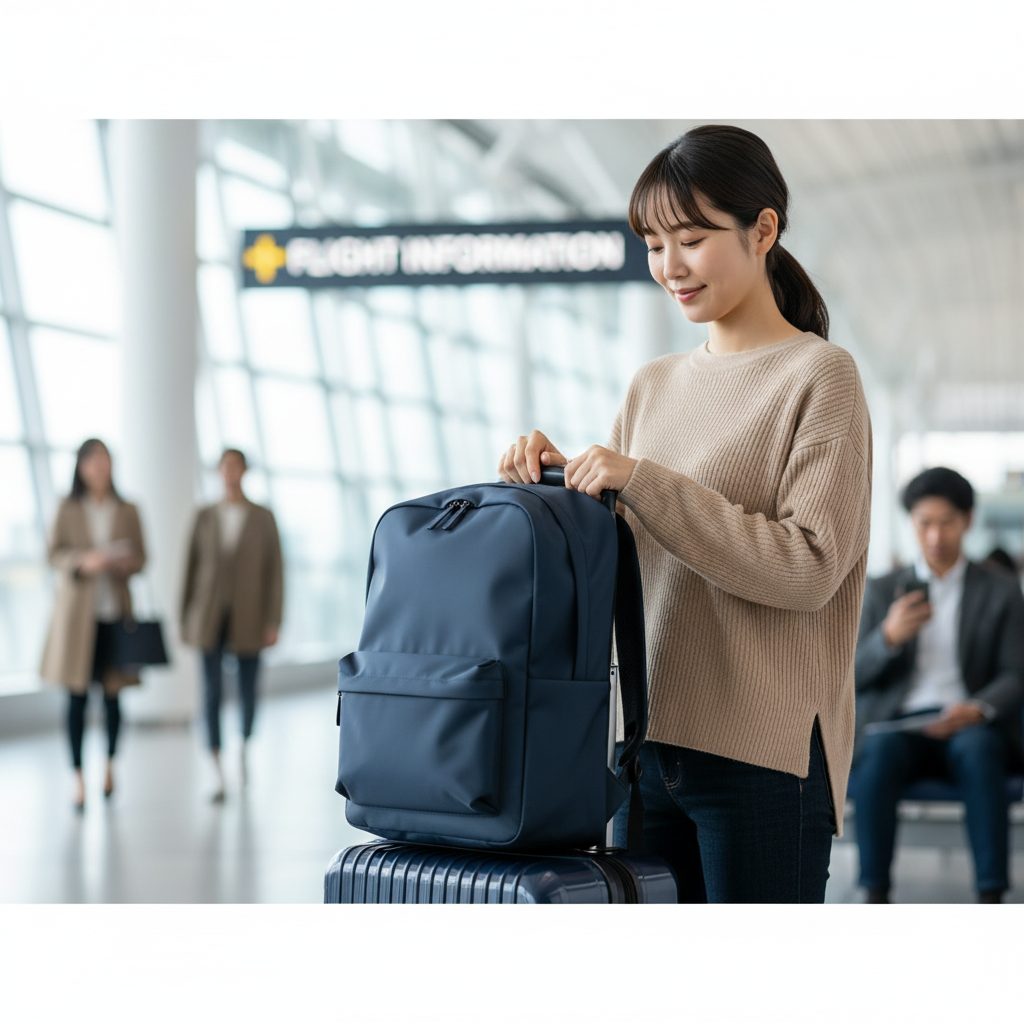 空港で、キャリーケースのハンドルにキャリーオン機能付きのバックパックを固定している日本人女性。笑顔でバックパックに手を添え、スムーズな移動を準備している様子。