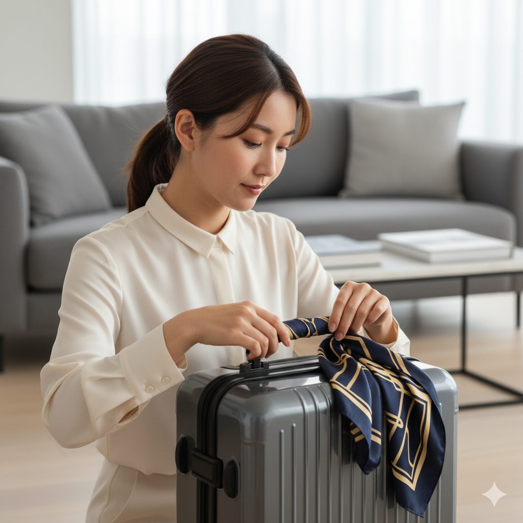 白いシャツを着た日本人女性が、ビジネスシーンに合うグレーのキャリーケースのハンドルにネイビーとゴールドの上品なスカーフを巻きつけている様子。