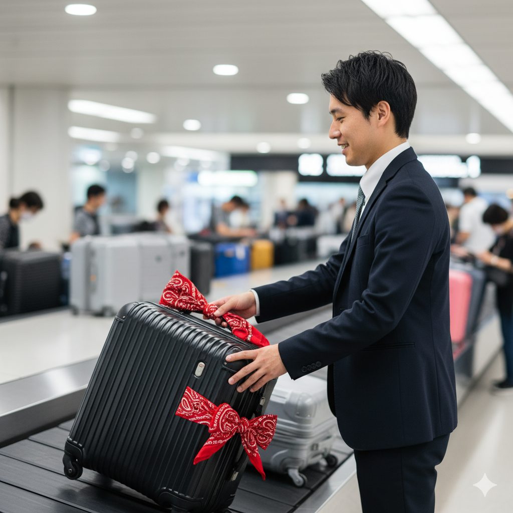 空港のターンテーブルで、黒いスーツケースのトップハンドルとサイドハンドルの両方に赤いバンダナのリボン結びをつけたスーツ姿の日本人男性が、自分の荷物を見つけて引き取ろうとしている様子。