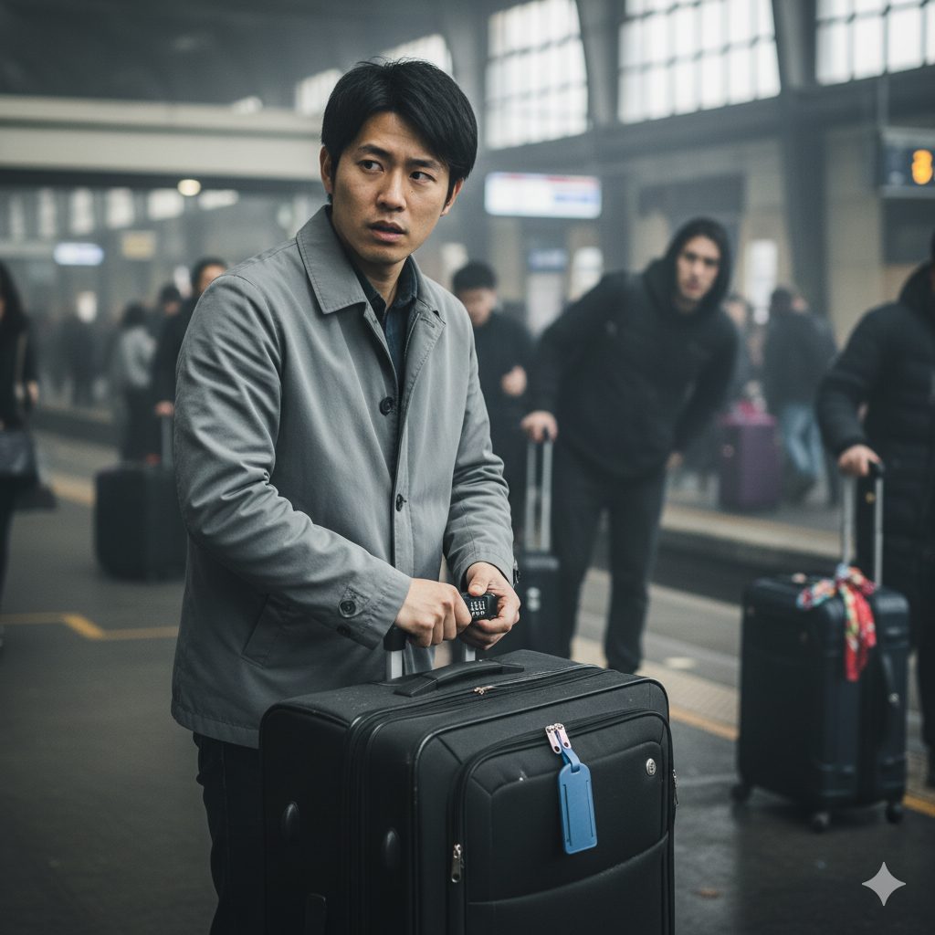 海外の駅のホームで、キャリーケースのTSAロックを確認している日本人男性が、背後の怪しい人物を警戒している様子。キャリーケースには青いネームタグが付いている。