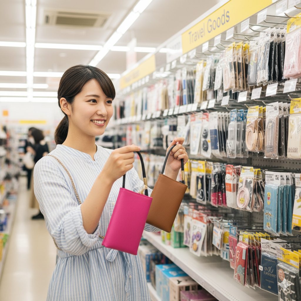 100円ショップのトラベルグッズコーナーでキャリーケースの持ち手カバーを選んでいる笑顔の若い日本人女性