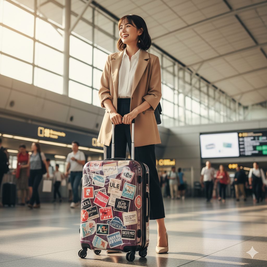 空港でおしゃれにデコレーションされた自分だけのキャリーケースを持ち、旅に出発する若い日本人女性。