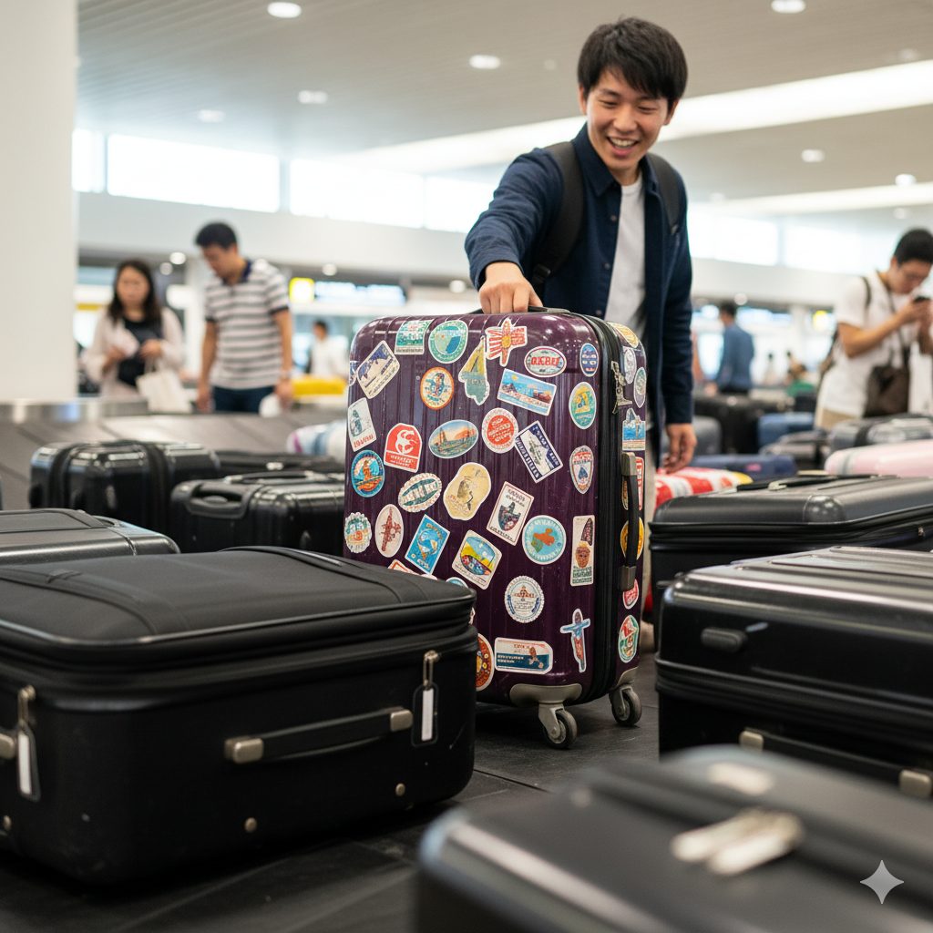 空港の手荷物受取所で、たくさんの黒いスーツケースの中に一つだけある、ステッカーでデコられたキャリーケース。