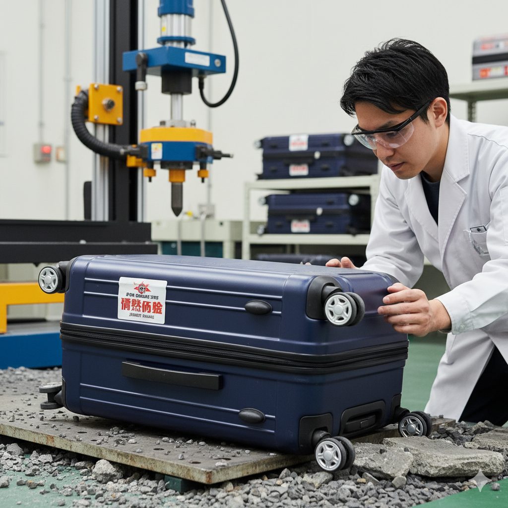  白衣を着た日本の男性技術者が、耐久性試験装置の下に置かれた紺色のキャリーケースのキャスター部分を注意深く点検している様子。