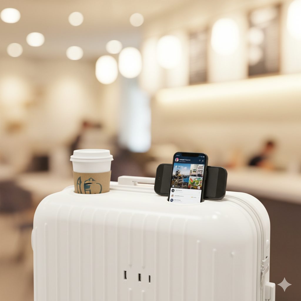  白くて丸みのある可愛いスーツケースに搭載されたドリンクホルダーとスマホスタンドの便利な機能を紹介するクローズアップ。