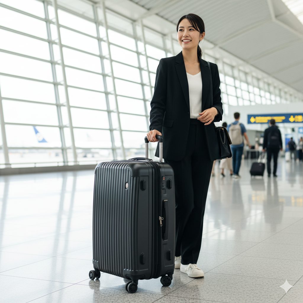 おしゃれな服装の若い日本人女性が、近代的な空港のターミナルで機能的な拡張ジッパー付きキャリーケースを引いて歩いている。