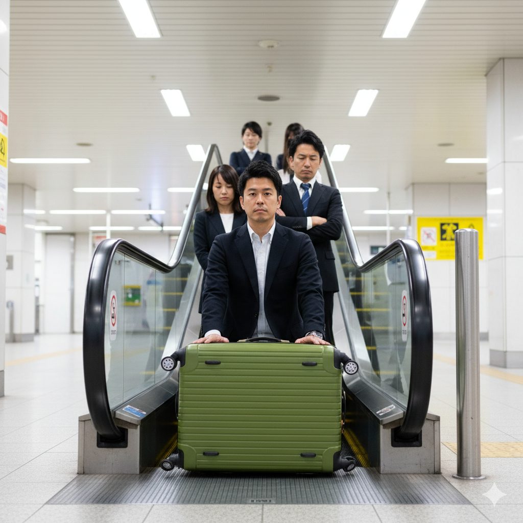 エスカレーターのステップ上でキャリーケースを横向きに置き、他の乗客の通行を妨げている危険な状況。