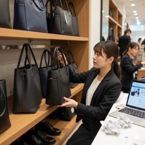 就職活動中の女性が、スーツ量販店で様々なビジネスバッグの中から自分に合う一品を真剣に選んでいる様子。