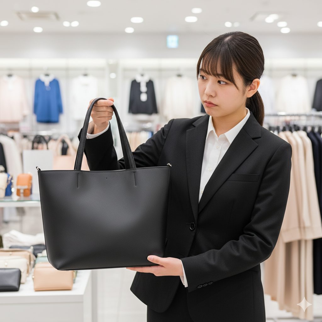 GUの店舗でシンプルな黒いトートバッグを手に取り、就職活動に使えるか慎重に検討している女性。