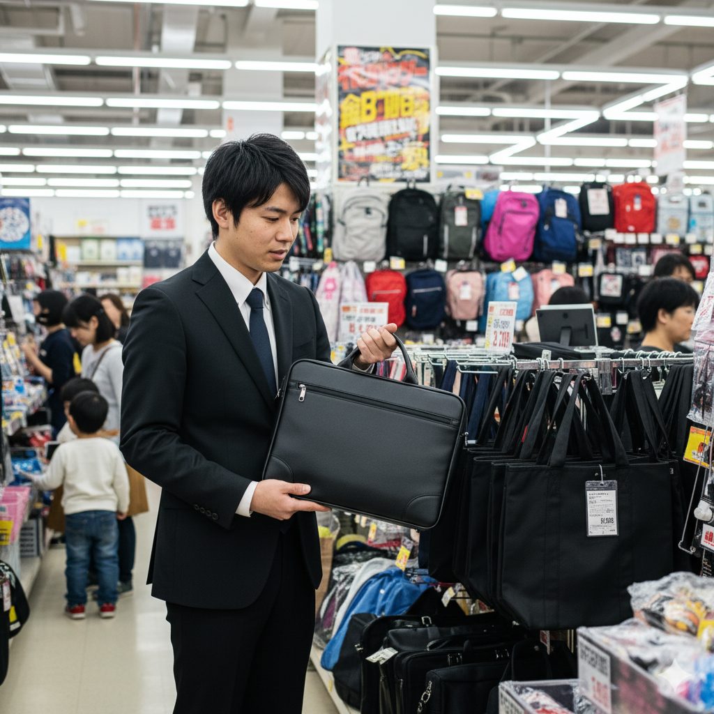 ディスカウントストアで、手頃な価格のビジネスバッグを手に取り、品質やデザインを確認する若い男性。