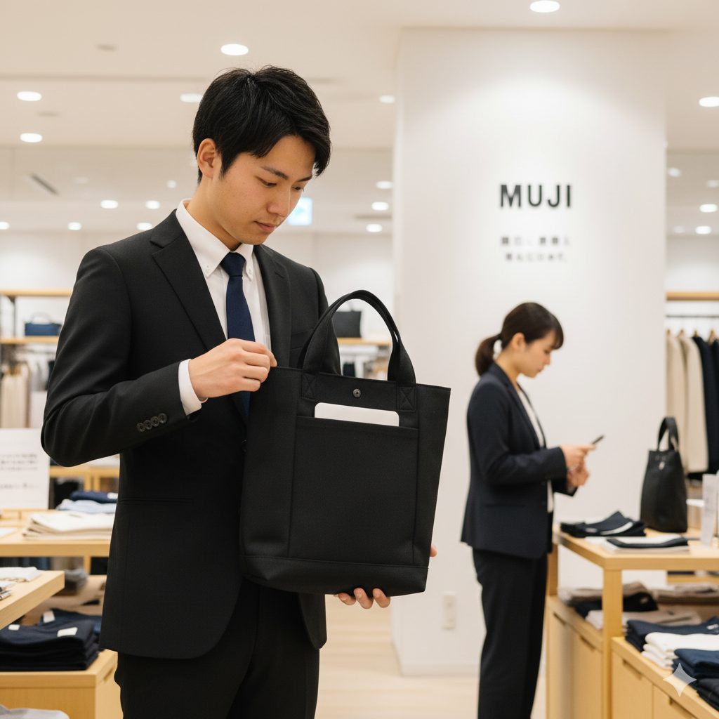 無印良品の店舗で、シンプルで機能的な黒いトートバッグを手に取り、中を確認している就活中の男性。