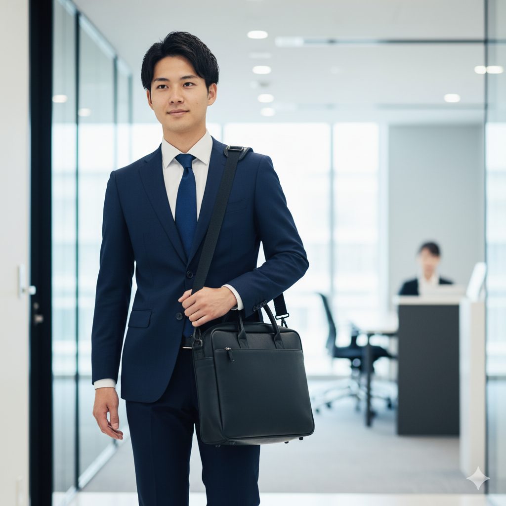 オフィスビルで、肩掛けのビジネスバッグを持ち、自信に満ちた表情で歩く就職活動中の男性。