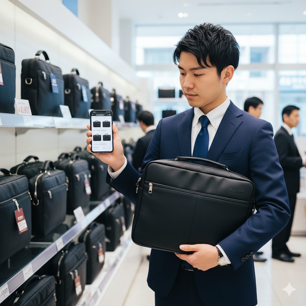 スーツ量販店でビジネスバッグを手に取り、スマートフォンの画面で他のバッグと比較検討している就活中の男性。