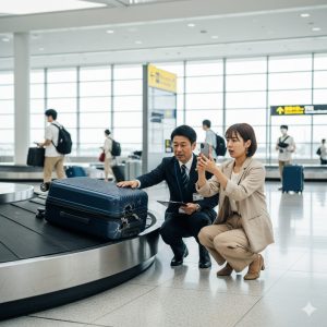 空港の手荷物受取所で破損したスーツケースを見つけ、航空会社のスタッフと確認しながらスマートフォンで写真を撮る日本人女性。