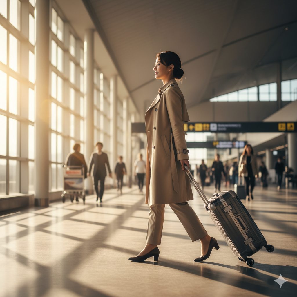 空港の明るいロビーを歩く日本人女性が、体幹を意識してキャリーケースを押している様子。肩甲骨を寄せ背筋を伸ばし、キャリーバーを適切な高さで軽く握り、体全体でスムーズに移動している。