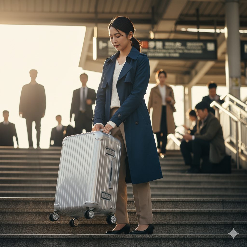 駅の階段を上ろうとしている日本人女性が、キャリーケースのキャリーバーを完全に収納し、本体のトップハンドルをしっかりと握って持ち上げている様子。